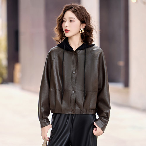 高级感绝美皮衣外套女春秋新款宽松连帽时尚上衣pu皮机车服皮夹克