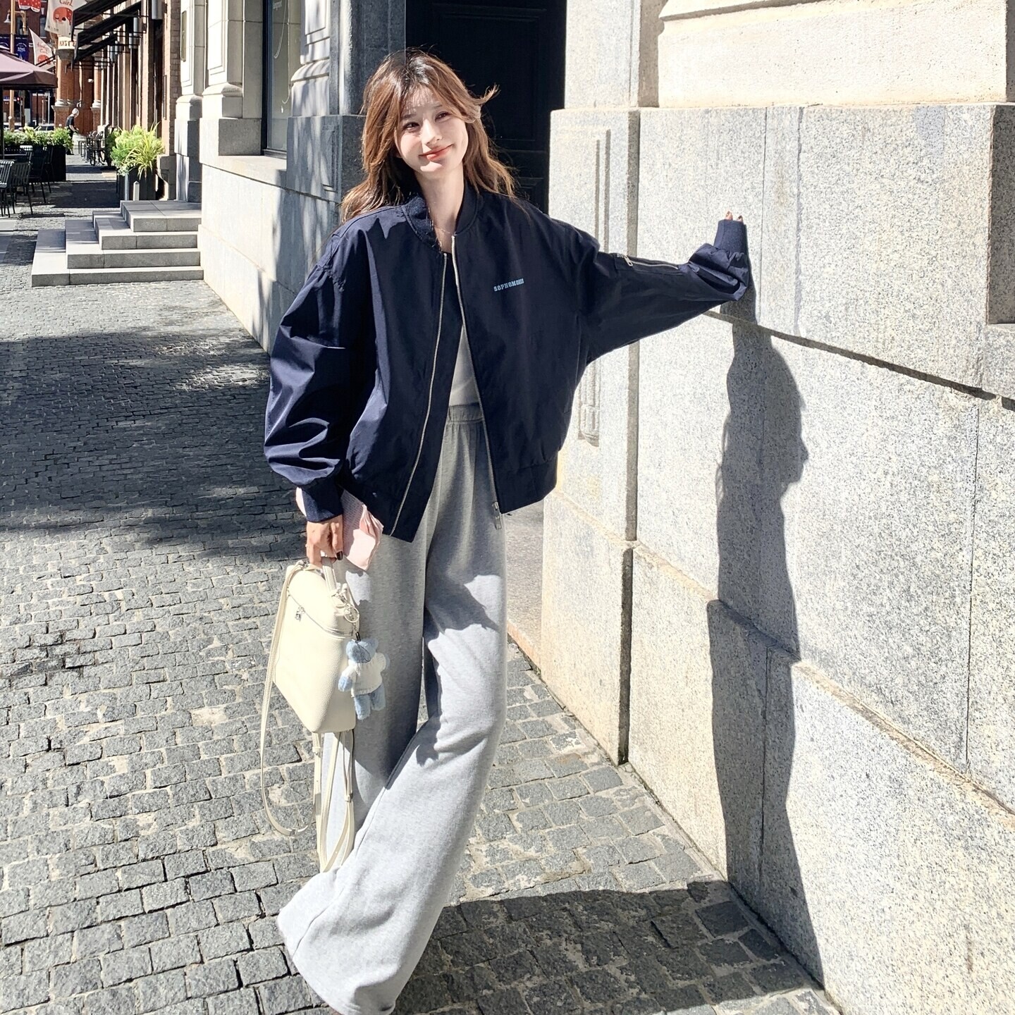 法式长袖后背印花棒球服短外套女