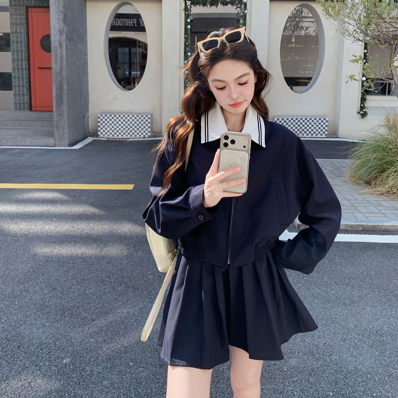 学院风短外套半裙套装秋季新款撞色翻领夹克上衣高腰百褶短裙
