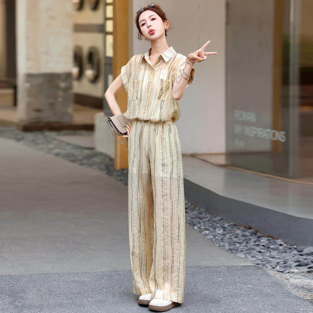 轻奢竖条纹短袖衬衫套装女夏休闲时尚减龄阔腿裤子简单大方两件套