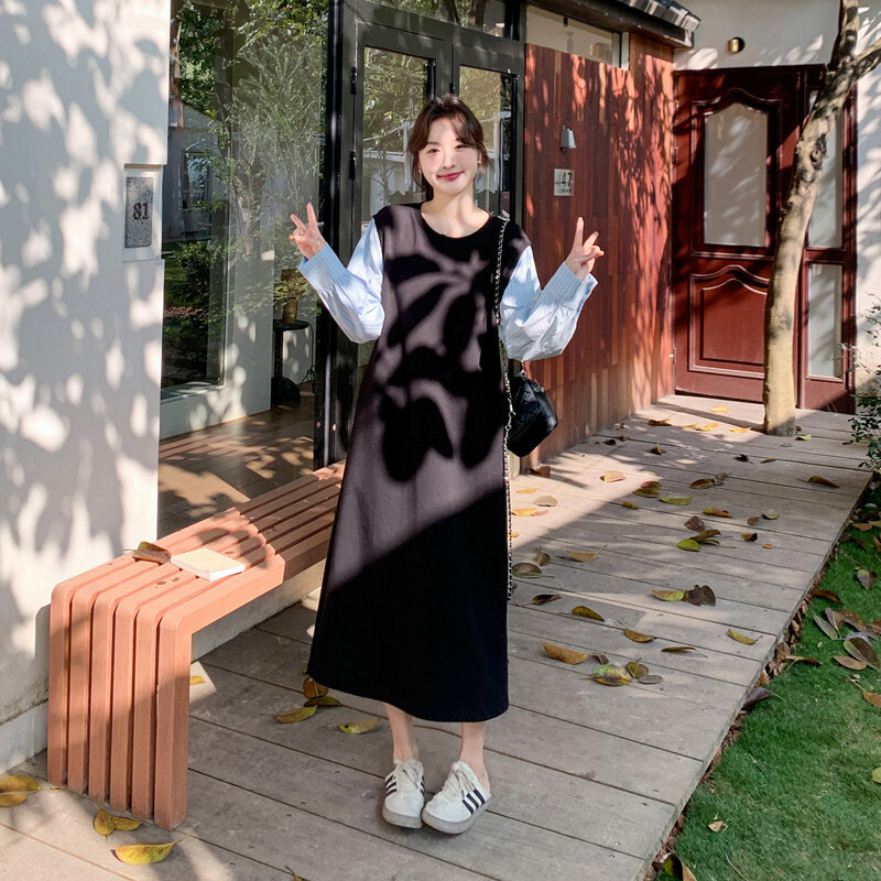 韩系复古休闲撞色假两件衬衫连衣裙女2026秋季宽松松弛感气质长裙