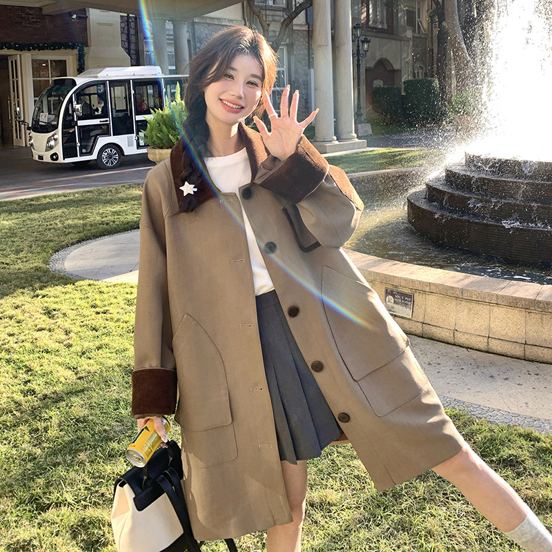 韩系撞色拼接中长款风衣外套女