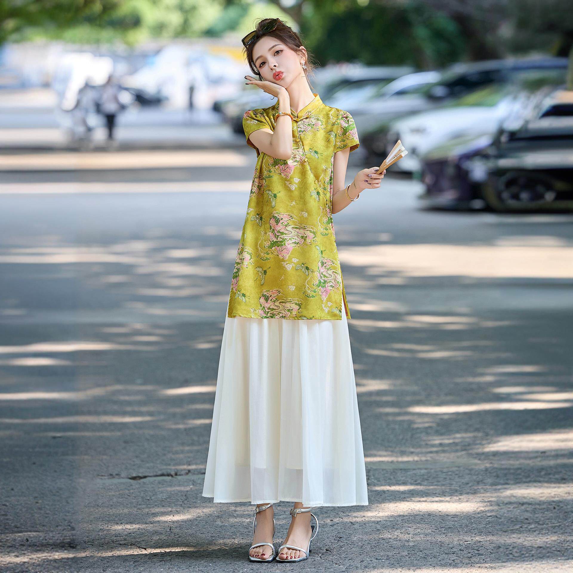 新中式国风优雅套装裙裤女夏季复古盘扣旗袍高腰显瘦阔腿裤两件套