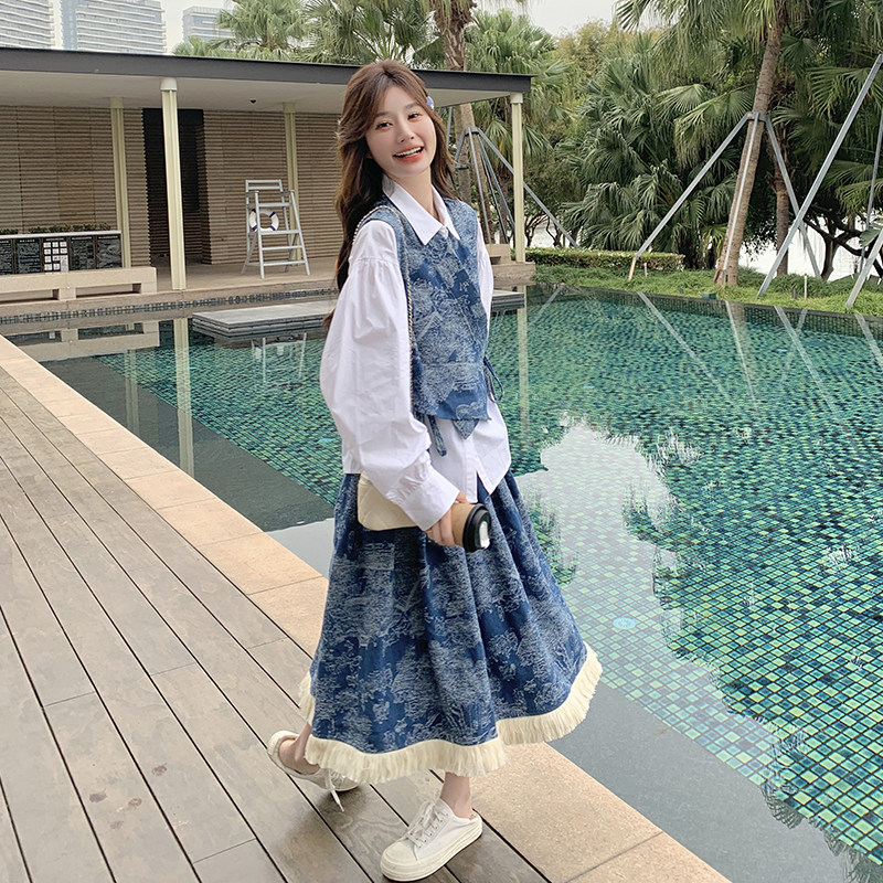 法式复古牛仔印花马甲两件套女春秋季新款慵懒风流苏半身裙套装