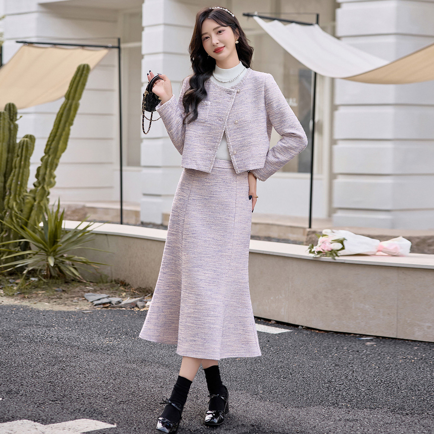 小香风套装长裙女春秋新款气质名媛重工钉珠外套鱼尾半身裙两件套
