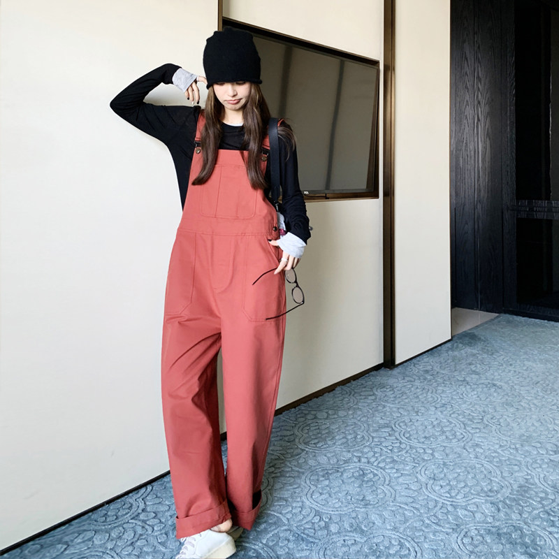 韩版复古砖红色背带裤女2025春秋季新款设计感休闲宽松减龄连体裤