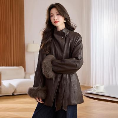 立领系带收腰羽绒服女中长款冬季新款真狐狸毛白鸭绒内胆皮衣外套