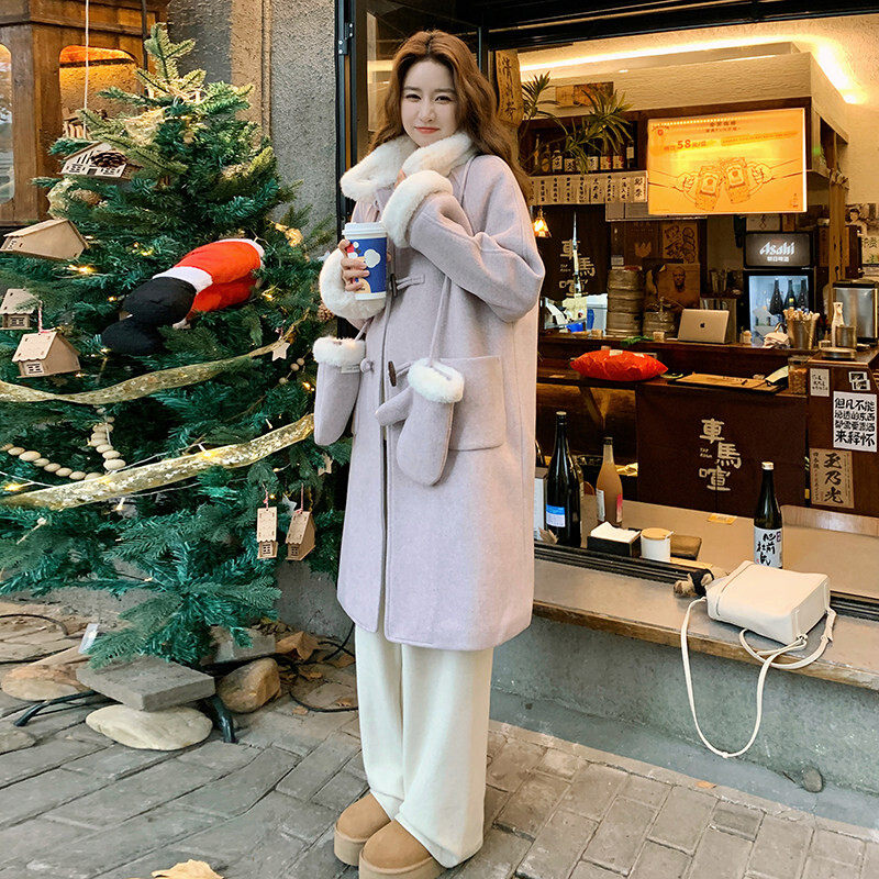 韩系牛角扣双面羊绒大衣女秋冬季高级感超好看加绒长款兔毛呢外套