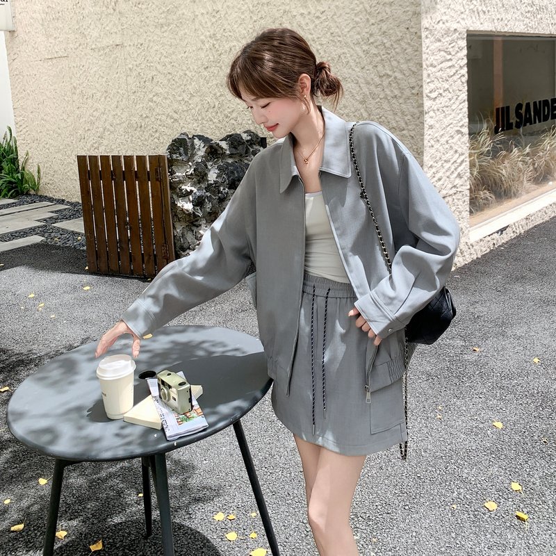 韩系简约工装套装短裙女春秋新款慵懒风休闲夹克外套半身裙两件套