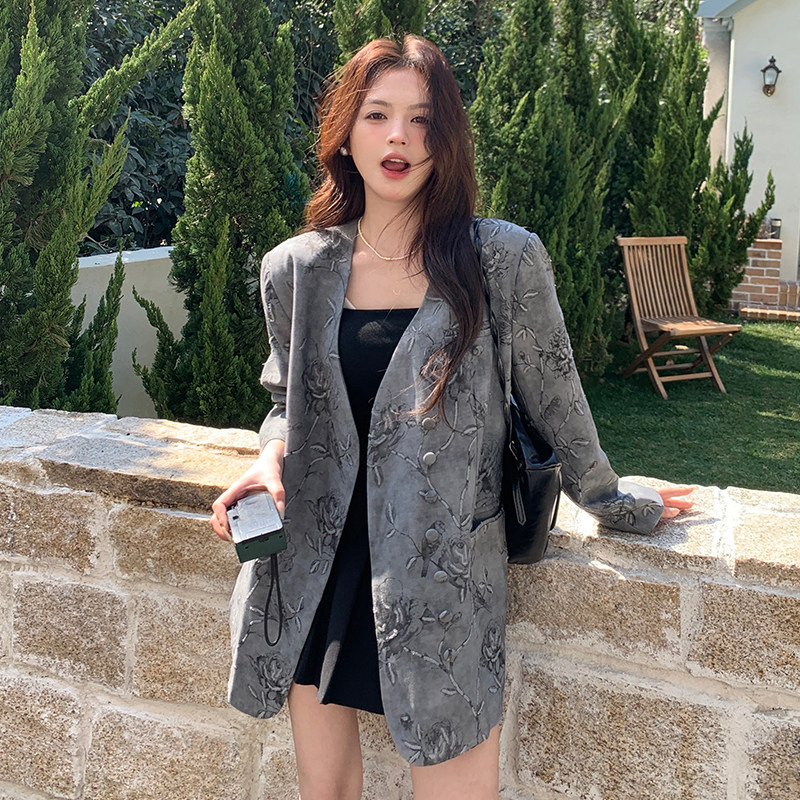 轻奢玫瑰印花西装外套女2025春秋新款流行韩系小众高级感御姐范