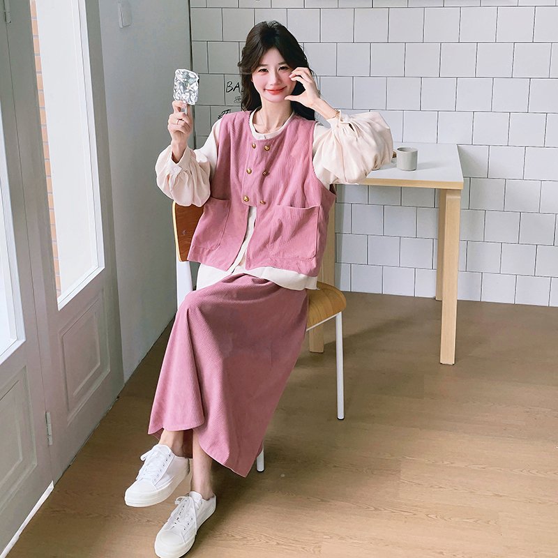 温柔风炸街减龄时尚套装裙女春秋新款韩版宽松马甲半身裙三件套