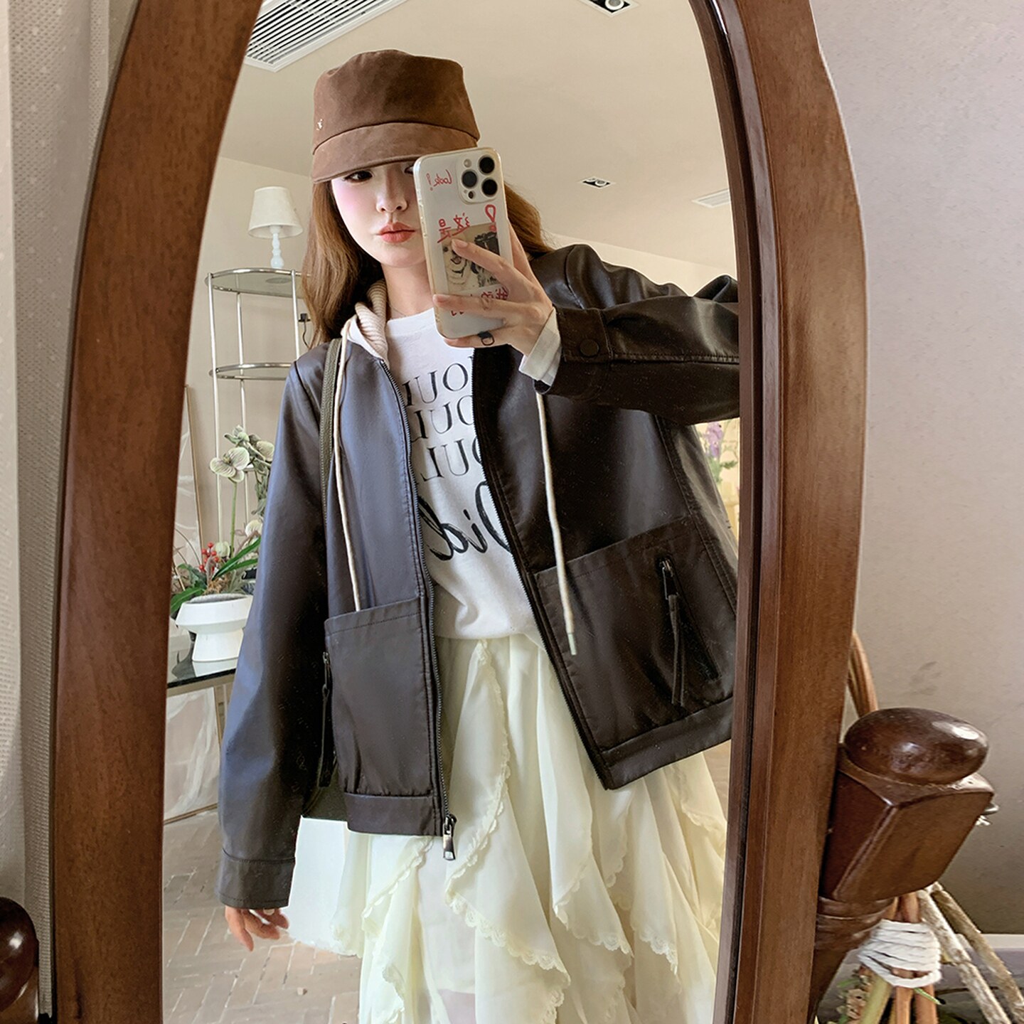 复古减龄可拆卸针织连帽皮衣女