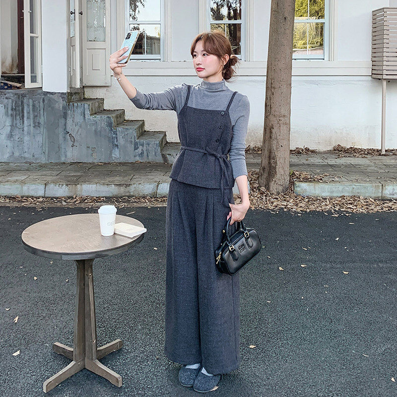 灰色吊带打底衫休闲裤套装2026新款女春秋小个子老钱风穿搭三件套