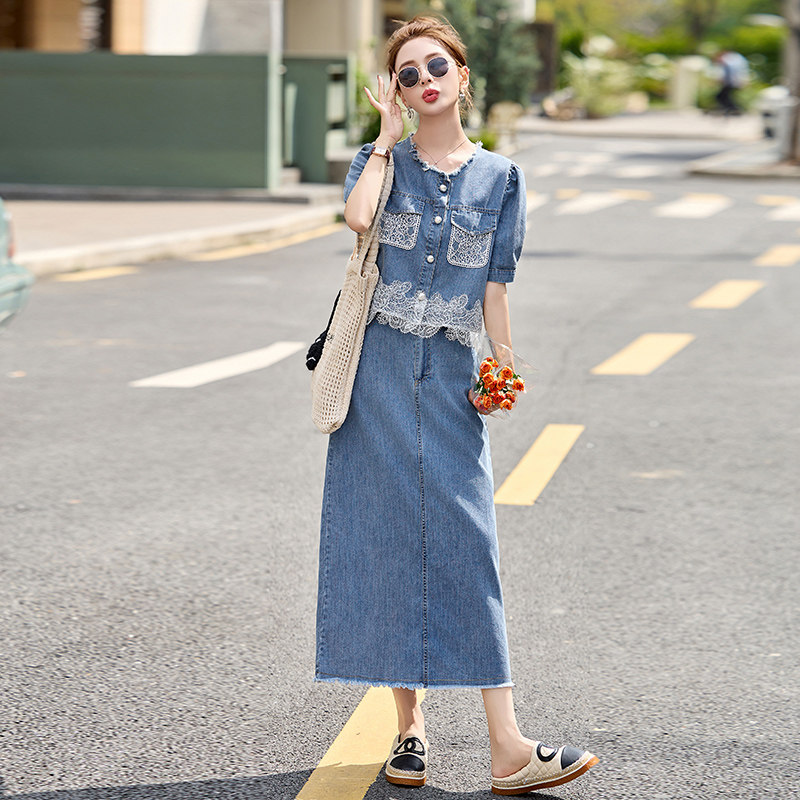 高级感一整套穿搭套装裙女夏新款蕾丝拼接牛仔短外套半身裙两件套