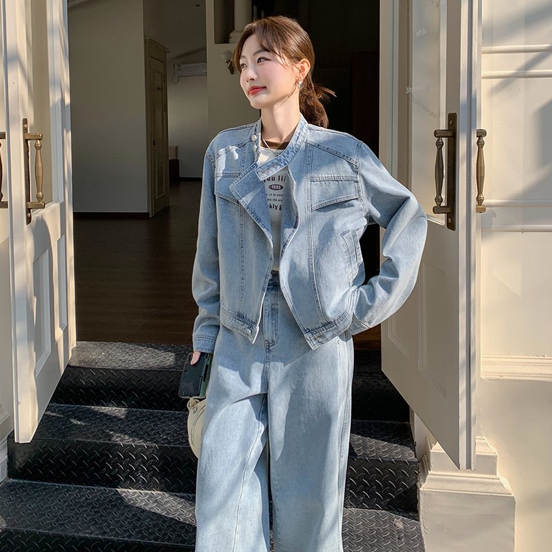 复古高级感宽松牛仔外套两件套女春秋新款韩系休闲减龄阔腿裤套装