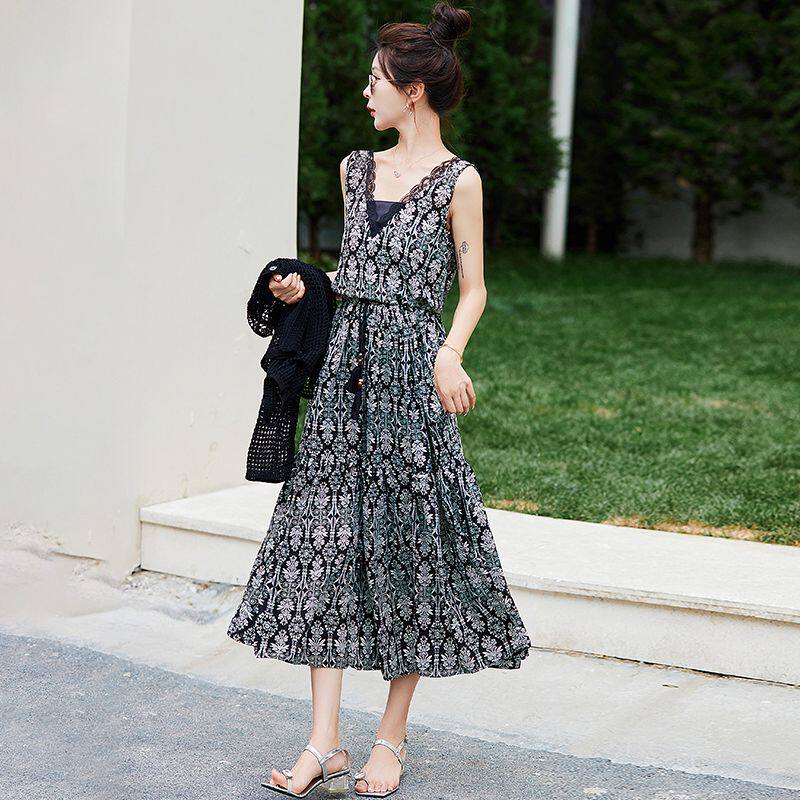 欧货针织长袖罩衫搭配V领吊带印花连衣裙两件套女夏气质套装长裙