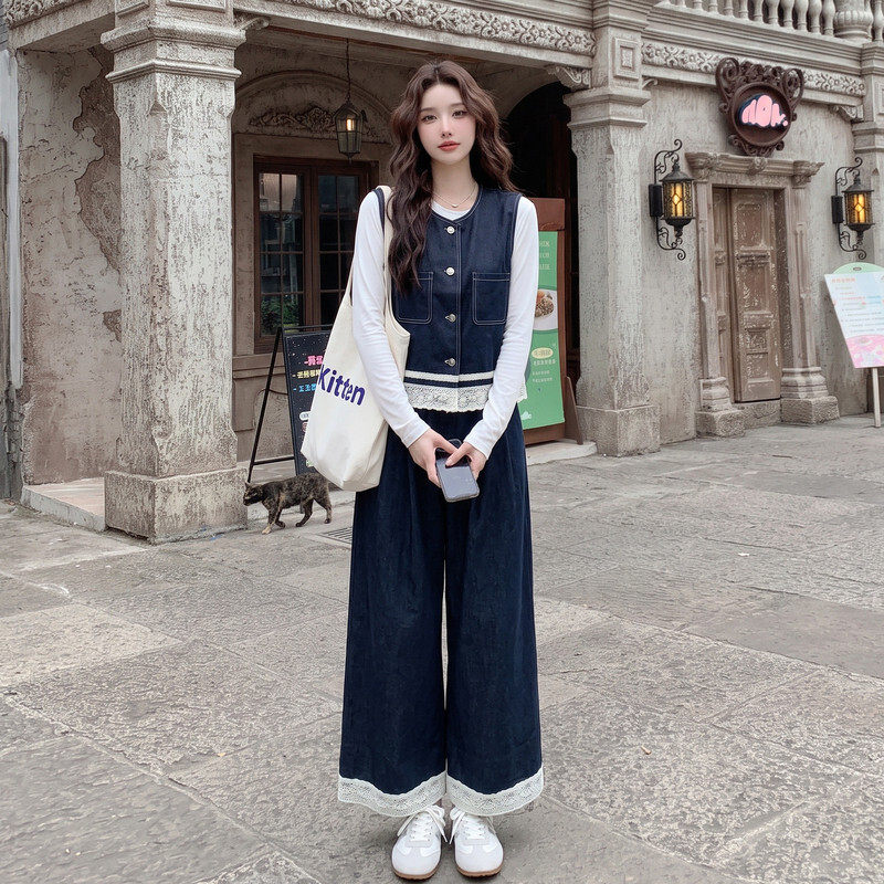 小香风蕾丝拼接牛仔套装女2026春秋新款设计感马甲阔腿裤两件套潮