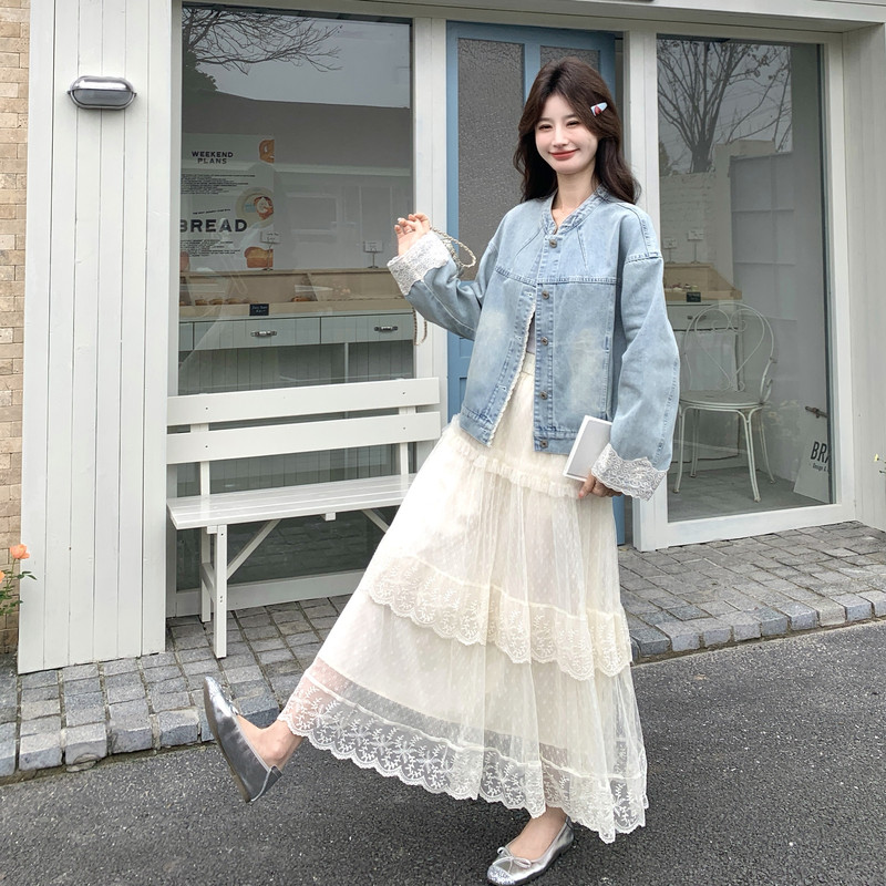 韩系花边蕾丝拼接牛仔外套女