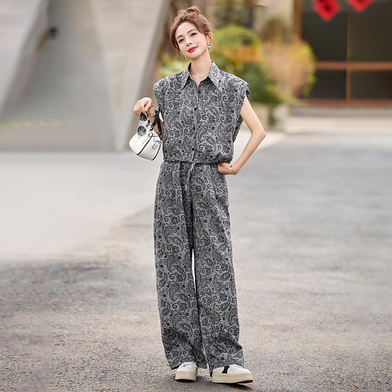时髦休闲阔腿裤套装女夏短款印花上衣开衫百搭显瘦工装长裤两件套