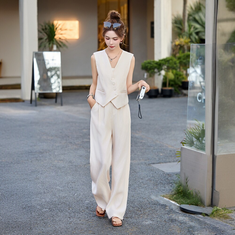 老钱风无袖西装马甲长裤套装女超火夏日流行穿搭气质阔腿裤两件套