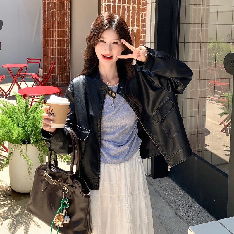 美式复古立领短款PU皮衣外套女春秋新款小个子时尚炸街夹克机车服