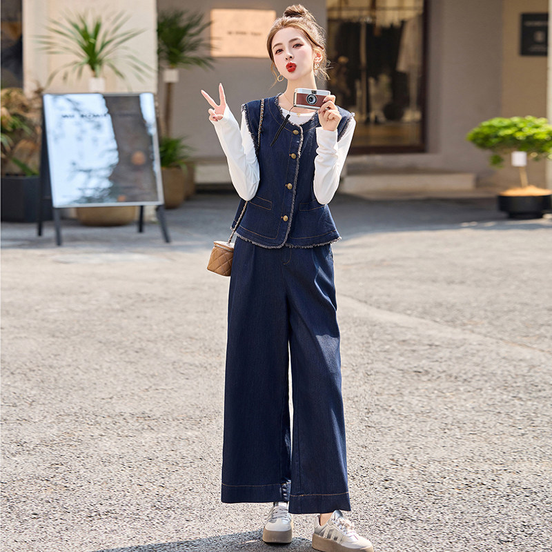 港风复古牛仔两件套女春季新款设计感减龄马甲打底衫阔腿裤套装潮