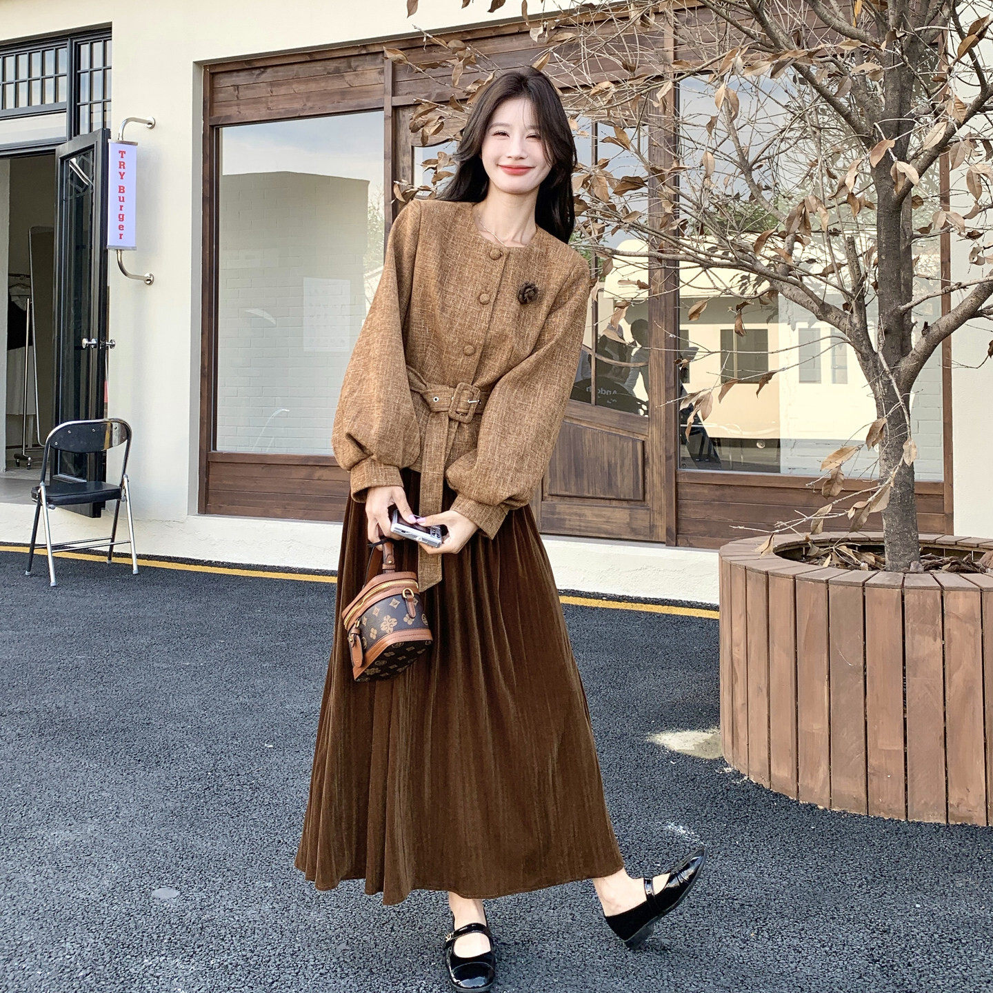 美拉德淑女气质套装2026秋新款优雅立体花朵收腰上衣半身裙两件套