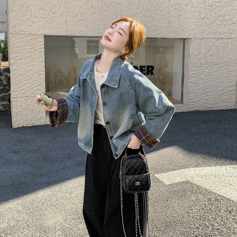 松弛感格子拼接牛仔外套女春秋新款韩系流行高级感短款夹克上衣潮