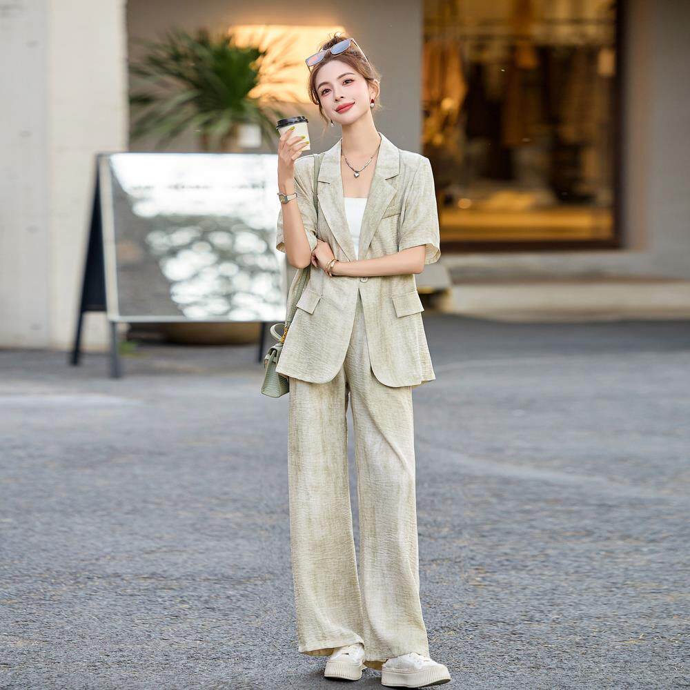 欧货气场强大宽松休闲短袖西装套装长裤女夏显瘦通勤阔腿裤两件套