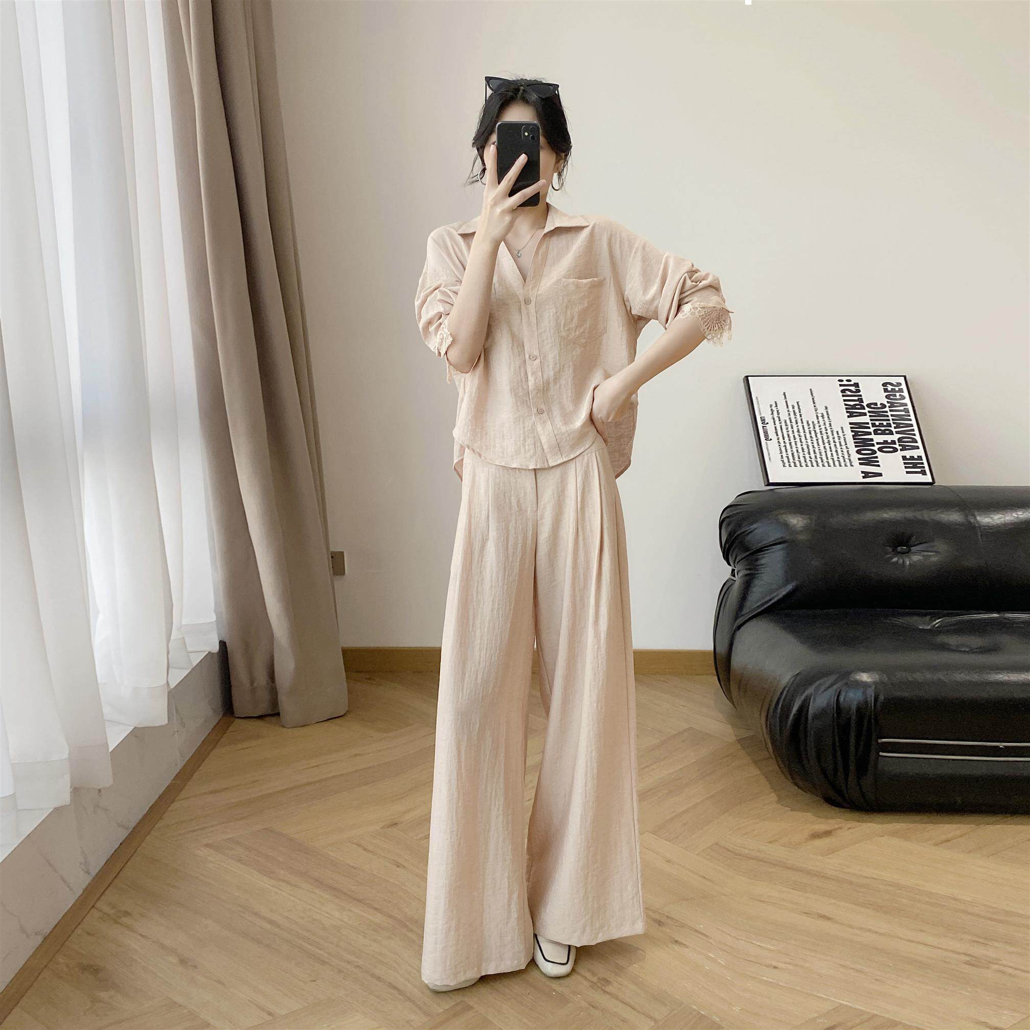 长裤裤子夏季时尚套装慵懒风老钱风高级感蕾丝拼接衬衫阔腿裤女装