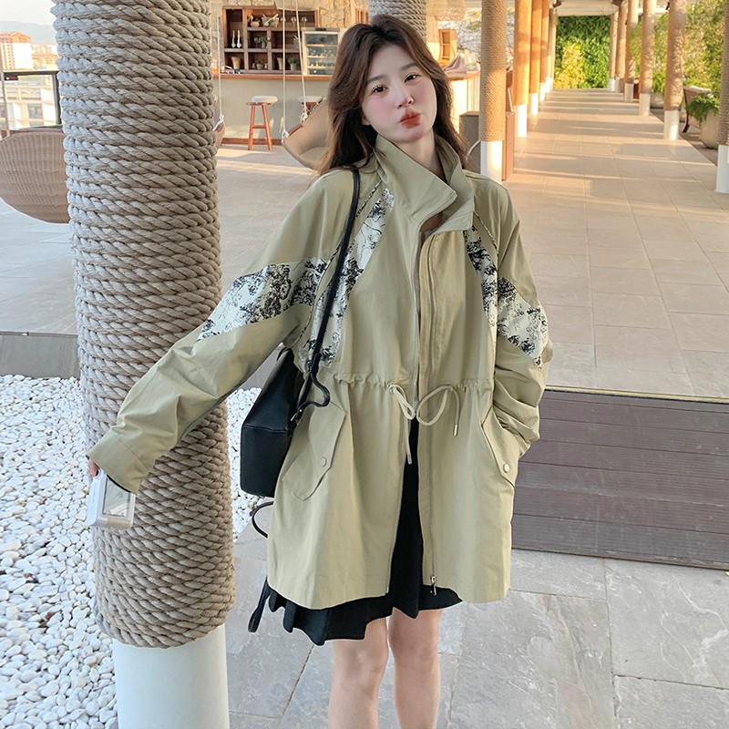 设计感韩版宽松高端气质印花拼接风衣女春秋新款抽绳收腰休闲外套