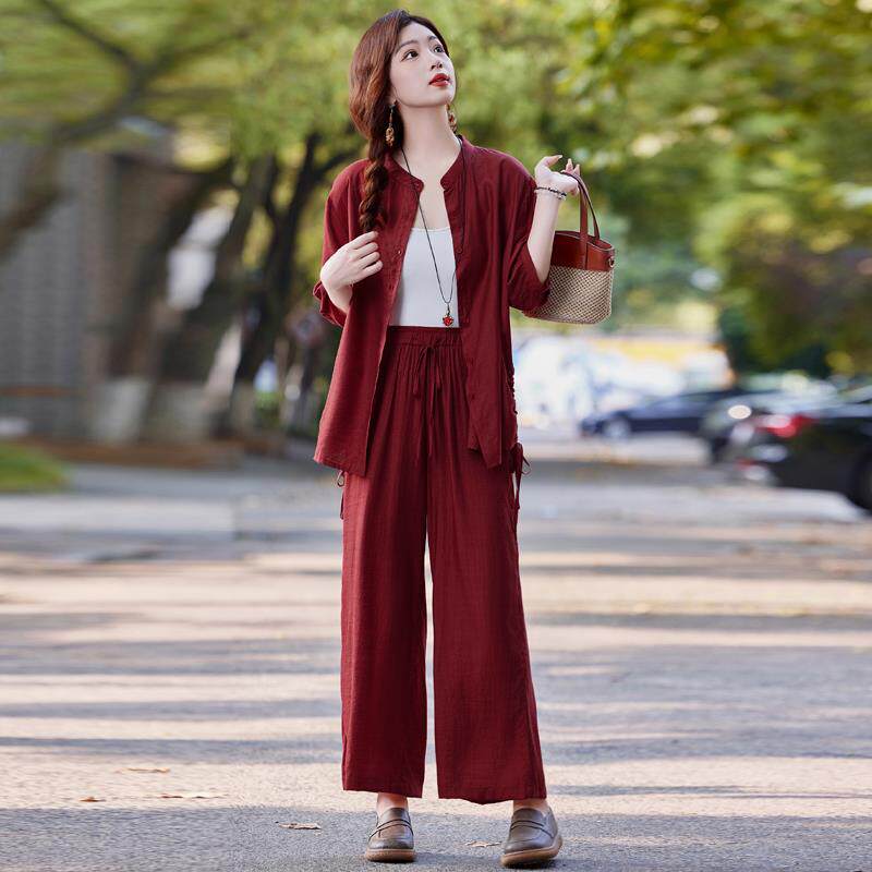 复古文艺休闲宽松套装长裤女夏装慵懒风宽松衬衫阔腿裤禅意三件套