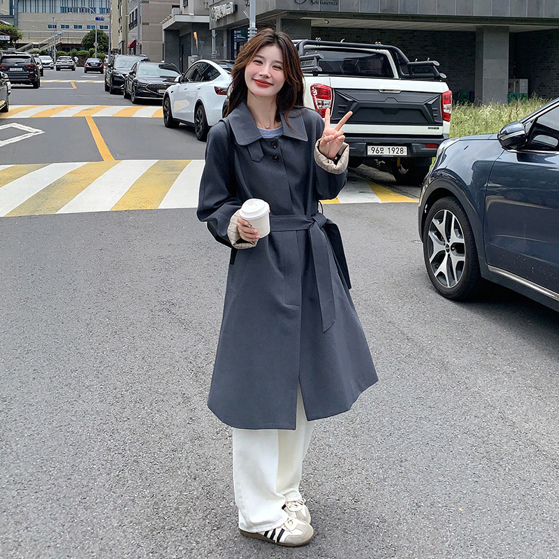 深灰色休闲小个子风衣外套女中长款春秋季韩系轻奢高级感炸街大衣