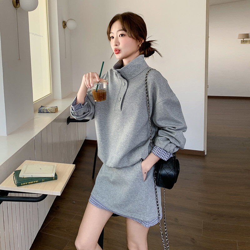 格子拼接卫衣运动套装裙女