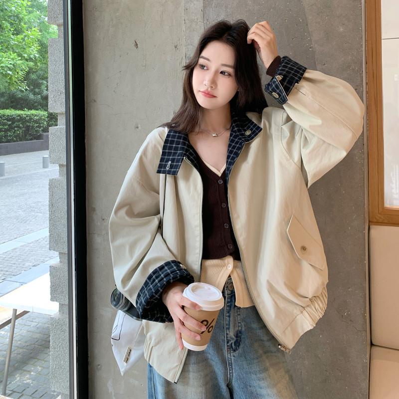 韩系独特设计感两面穿休闲短外套女秋季新款巨好看复古格子夹克潮
