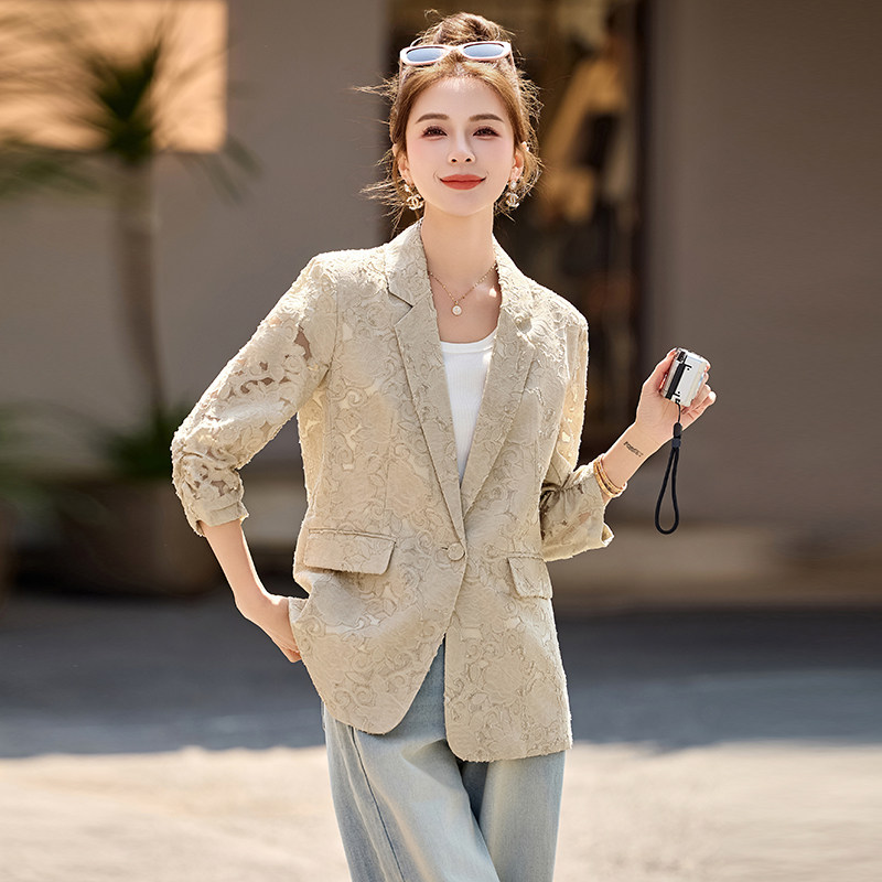 高级感镂空提花西装外套女春夏新款超好看独特漂亮七分袖西服上衣