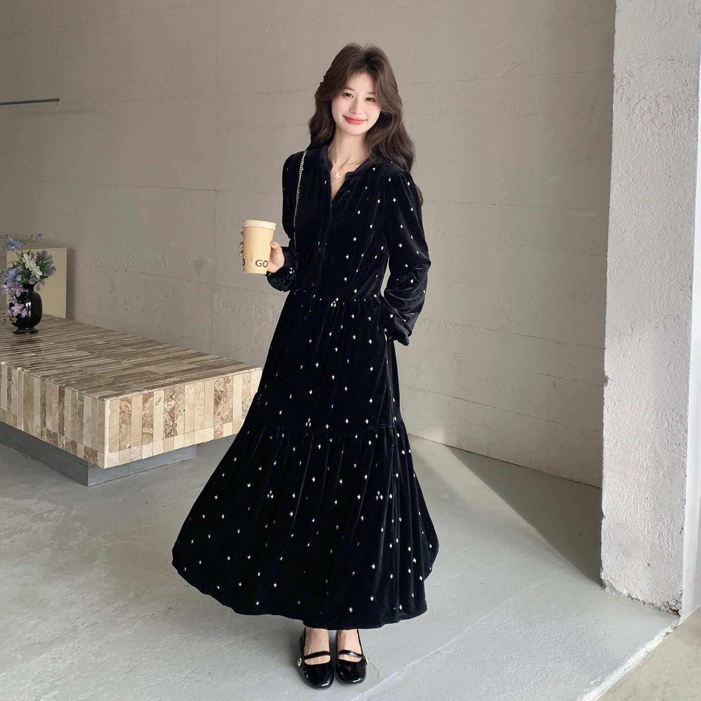 法式黑色复古印花连衣裙女