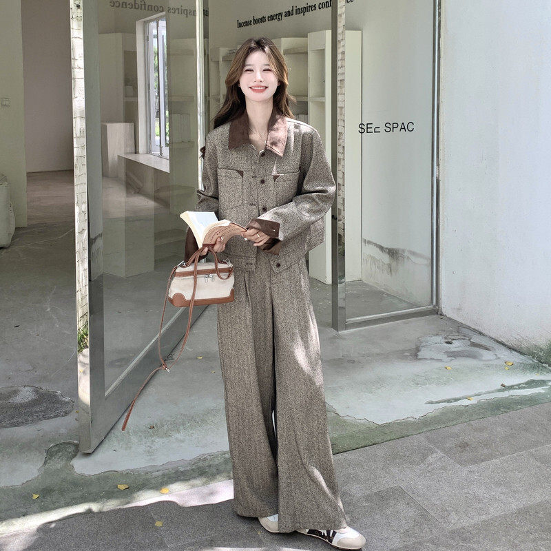 老钱风撞色翻领外套阔腿长裤套装女秋季新款复古高级感休闲两件套