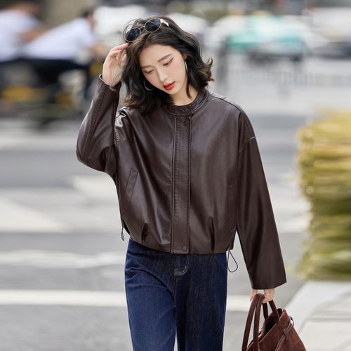 设计感PU皮衣外套女春秋新款宽松显瘦小个子立领百搭休闲夹克上衣