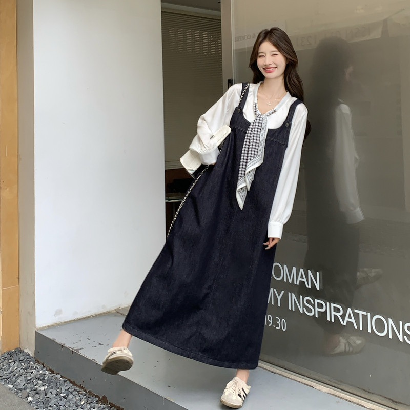 韩系学院风丝巾衬衫牛仔背带连衣裙套装女秋季减龄休闲长裙两件套