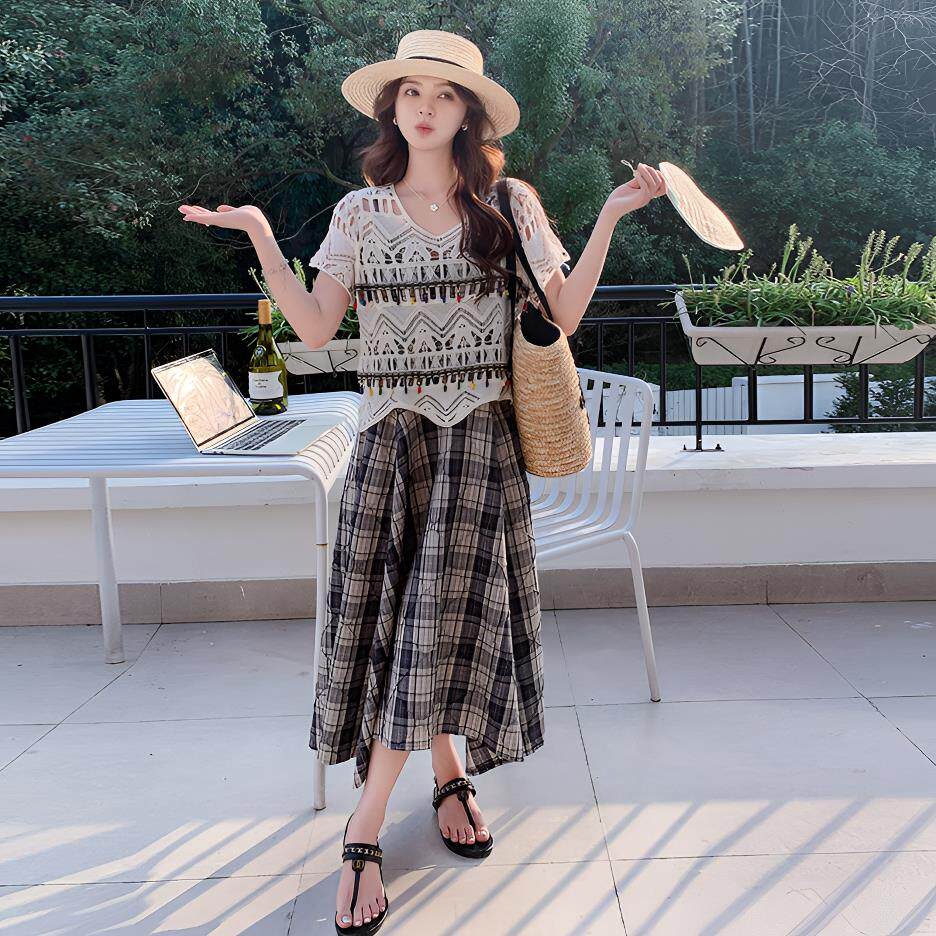 镂空流苏针织罩衫上衣搭配格子吊带裙两件套女夏装文艺复古连衣裙