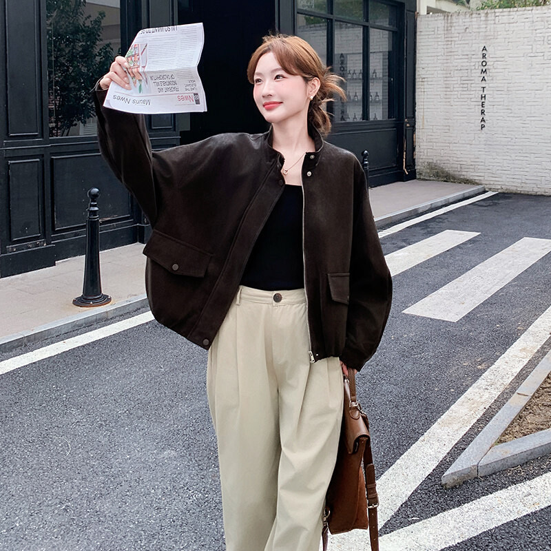 韩系休闲咖色立领工装外套女
