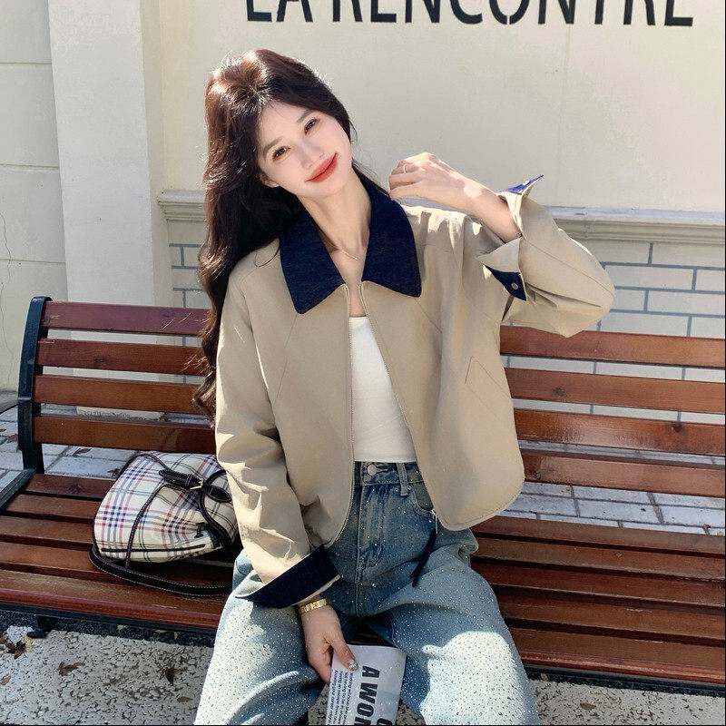 卡其色牛仔拼接翻领外套女春秋新款韩系chic别致休闲短款夹克上衣
