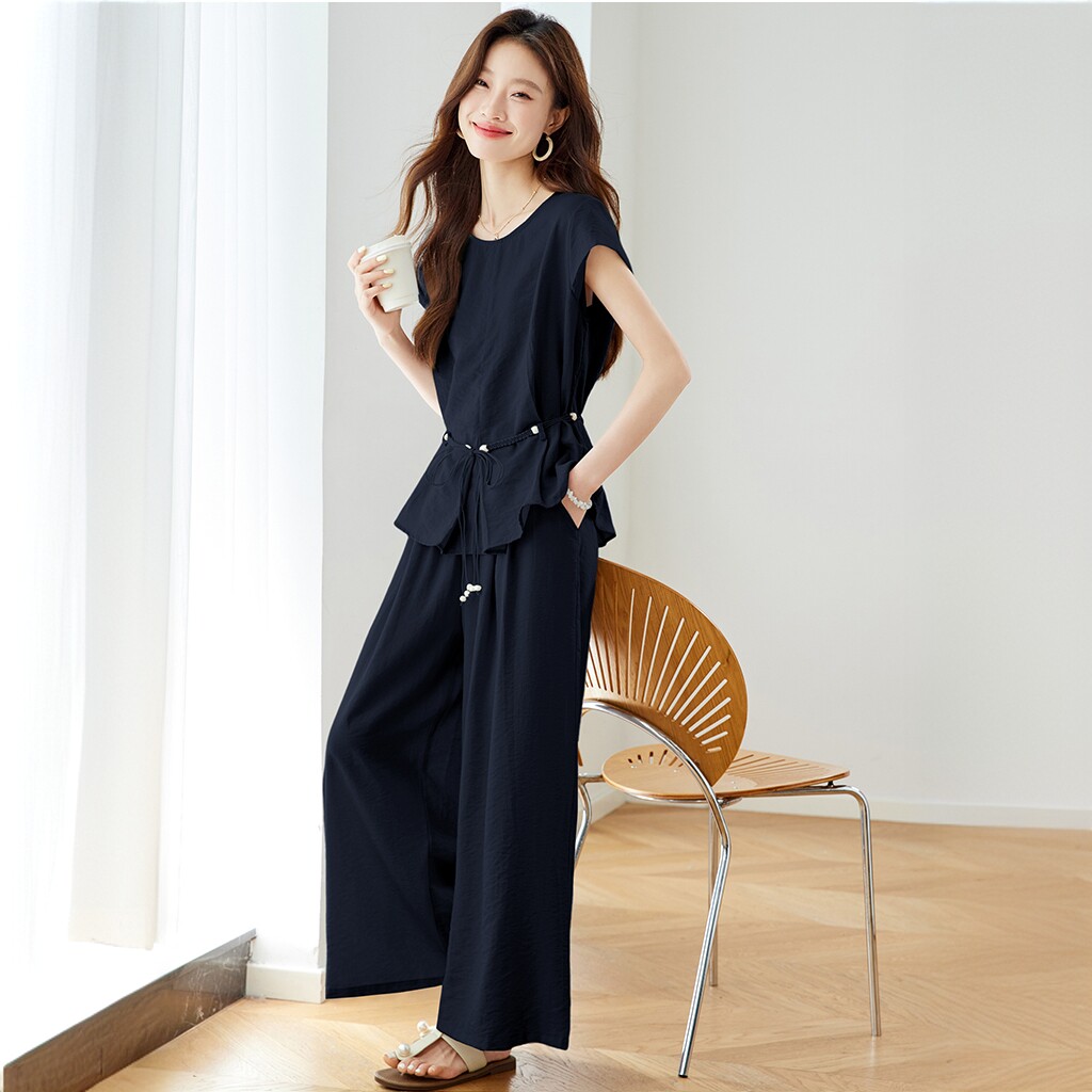轻职风通勤气质一整套穿搭套装女夏时尚简约圆领上衣阔腿裤两件套
