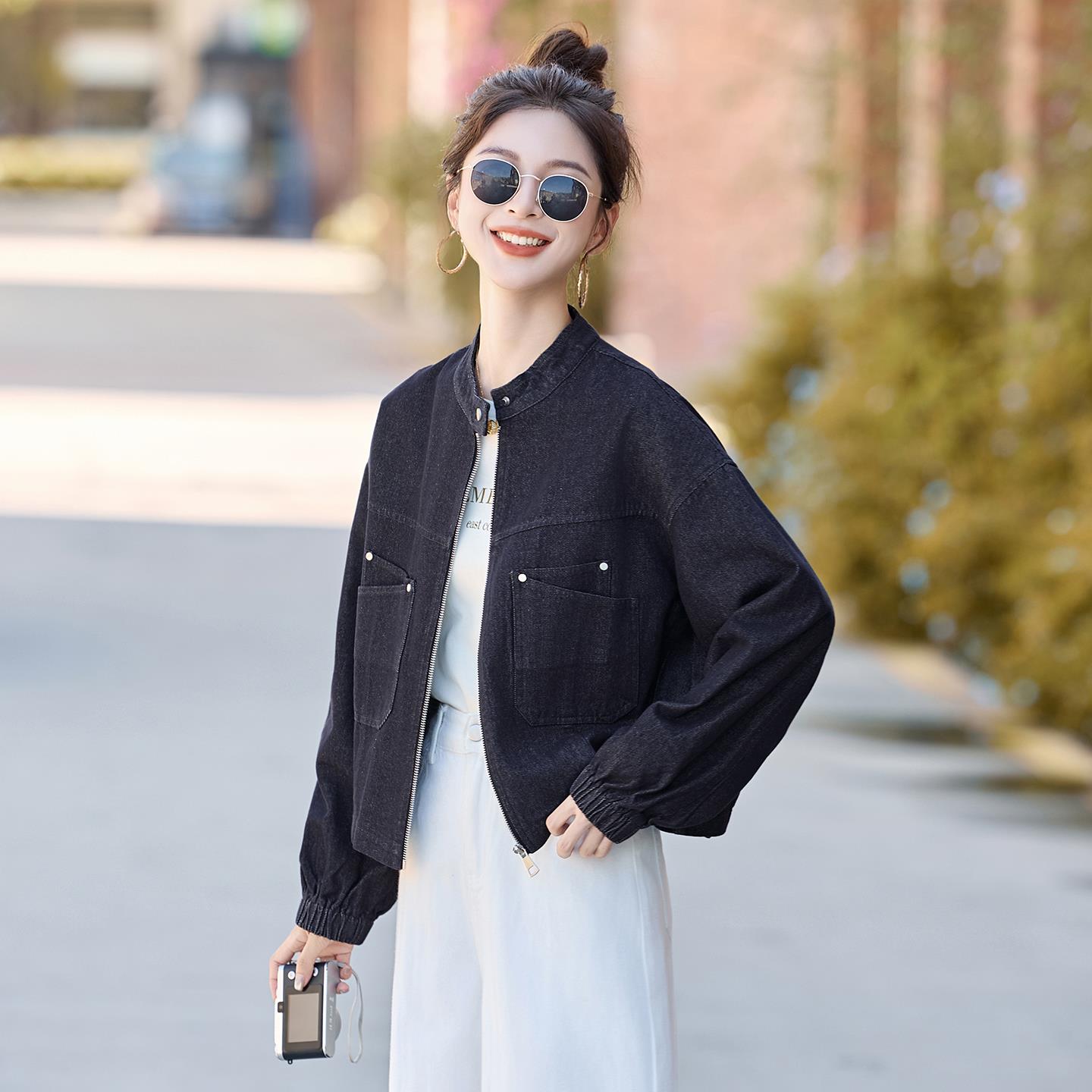 小个子时尚短款牛仔外套女春秋新款宽松气质休闲百搭立领夹克上衣