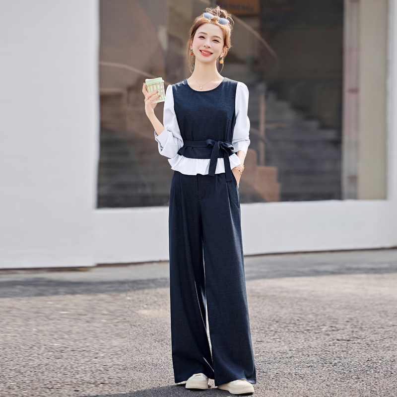 藏青色流行阔腿裤套装女春秋大方得体ootd两件套韩系爆款时髦洋气