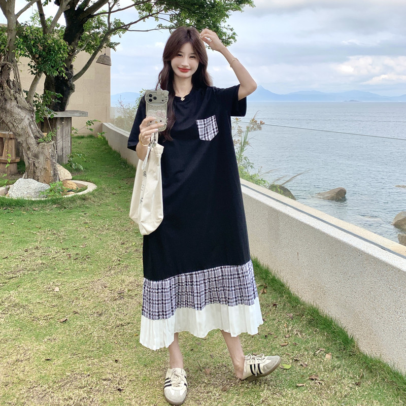 韩系黑色格纹拼接连衣裙女