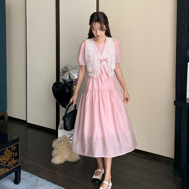 温柔风蕾丝马甲连衣裙女夏季新款气质显瘦微胖遮肉甜美两件套裙子