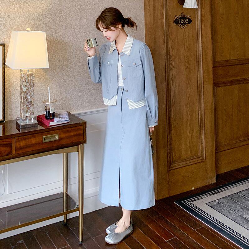 条纹拼接休闲短外套搭配开叉半身裙套装女春秋装气质两件套高级感