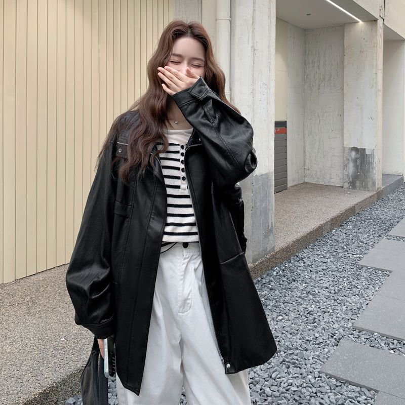 又酷又飒黑色复古宽松立领皮衣外套女春秋新款显瘦超火爆款PU夹克